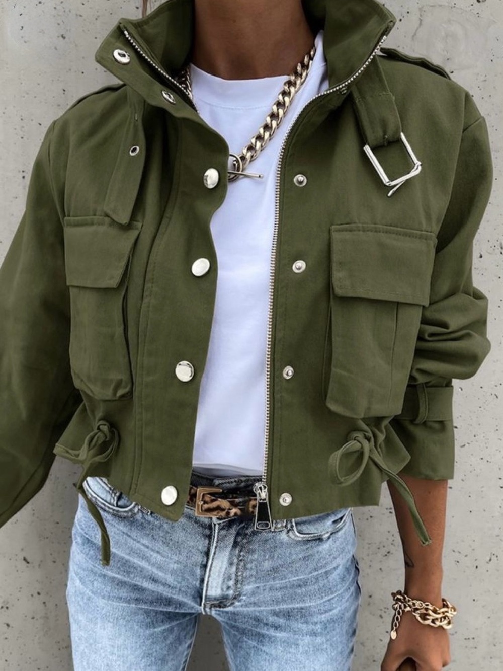 Olive Utility Cropped Jacket with Drawcord Waist